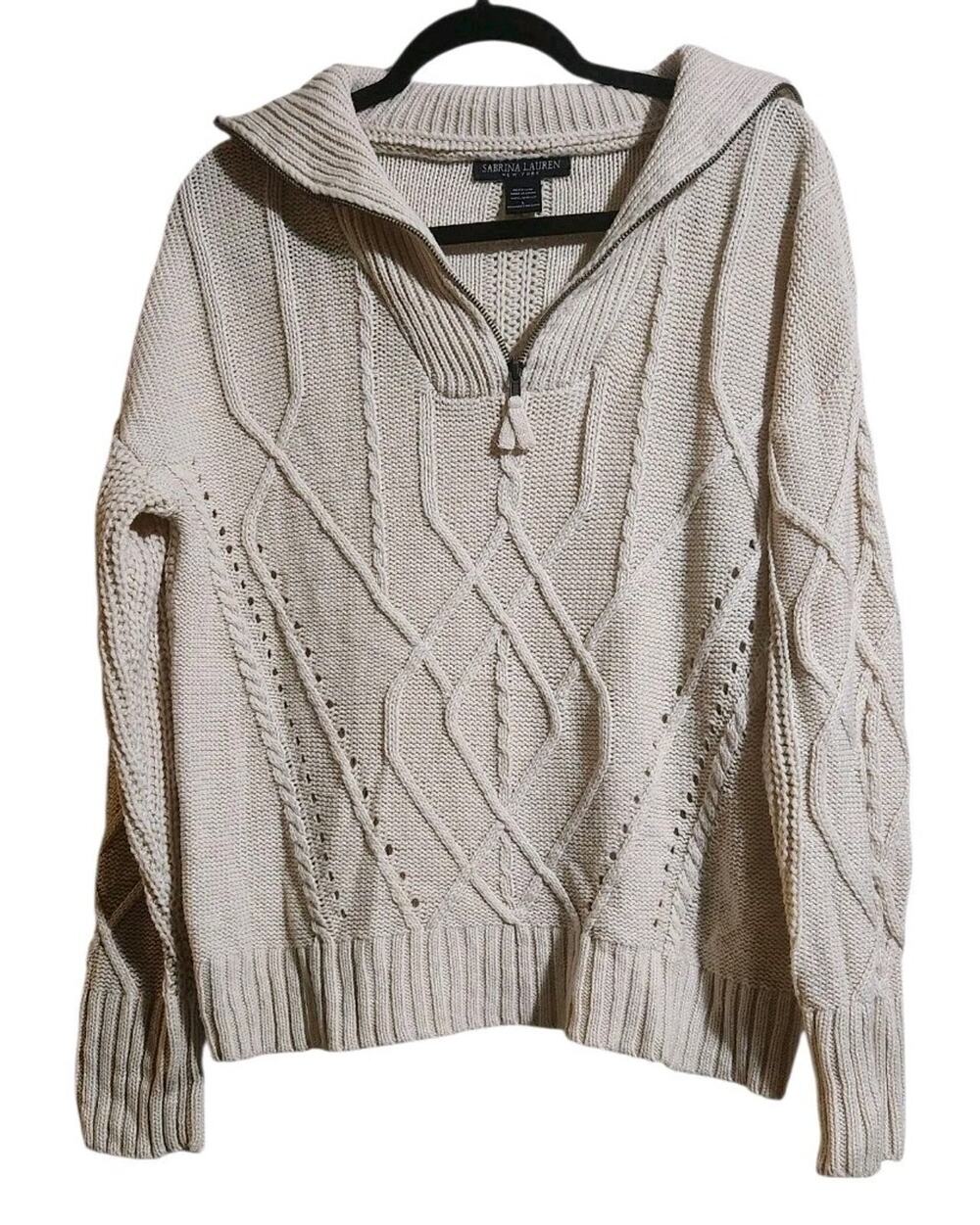 Sabrina Lauren NY Sz L Cable Knit Fisherman Sweater Neutral Classic Zip Up Neck